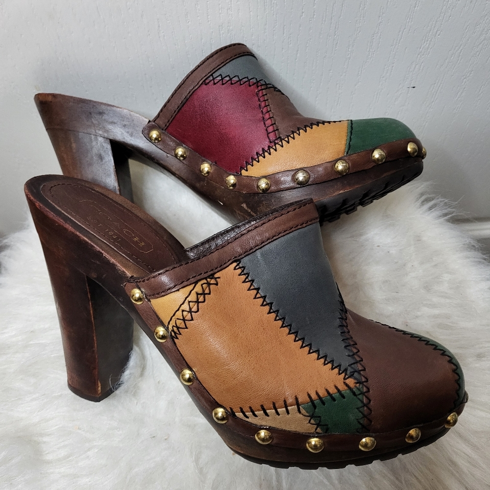 COACH Emilia Patchwork Leather and Wood Clogs